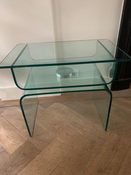 Design glazen bijzet-/televisietafel draaibaar vintage, Huis en Inrichting, Tafels | Bijzettafels, Zo goed als nieuw, Rechthoekig