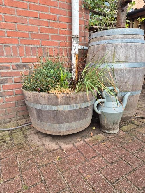 Wiskeyvat bloembak, Tuin en Terras, Bloembakken en Plantenbakken, Zo goed als nieuw, Hout, Rond, Ophalen