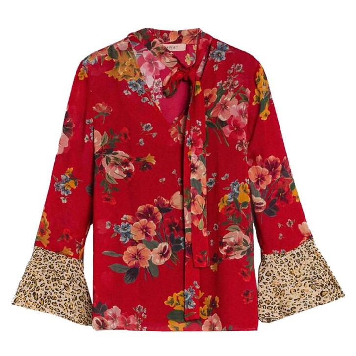 TwinSet Milano bloes bloem met pantermouw mt 36 (was €179), Kleding | Dames, Blouses en Tunieken, Nieuw, Maat 36 (S), Rood, Ophalen of Verzenden