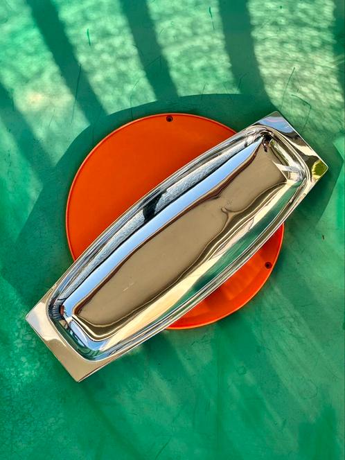 Vintage chrome rechthoekig bollig schaal gegraveerde sterren, Antiek en Kunst, Antiek | Schalen, Ophalen of Verzenden