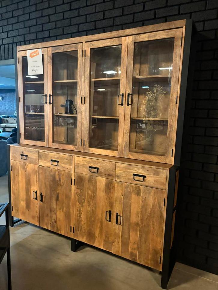 Grote Mangohouten Vitrinekast - 200x220cm met schade !, Huis en Inrichting, Kasten | Vitrinekasten, Zo goed als nieuw, 200 cm of meer
