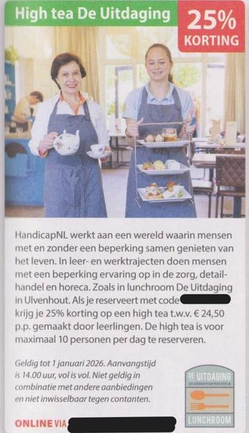 High tea De Uitdaging Ulvenhout 25% korting. Postcodeloterij beschikbaar voor biedingen