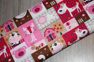 100% poplin katoen stof - roze/bruin/wit dieren design #3774 beschikbaar voor biedingen