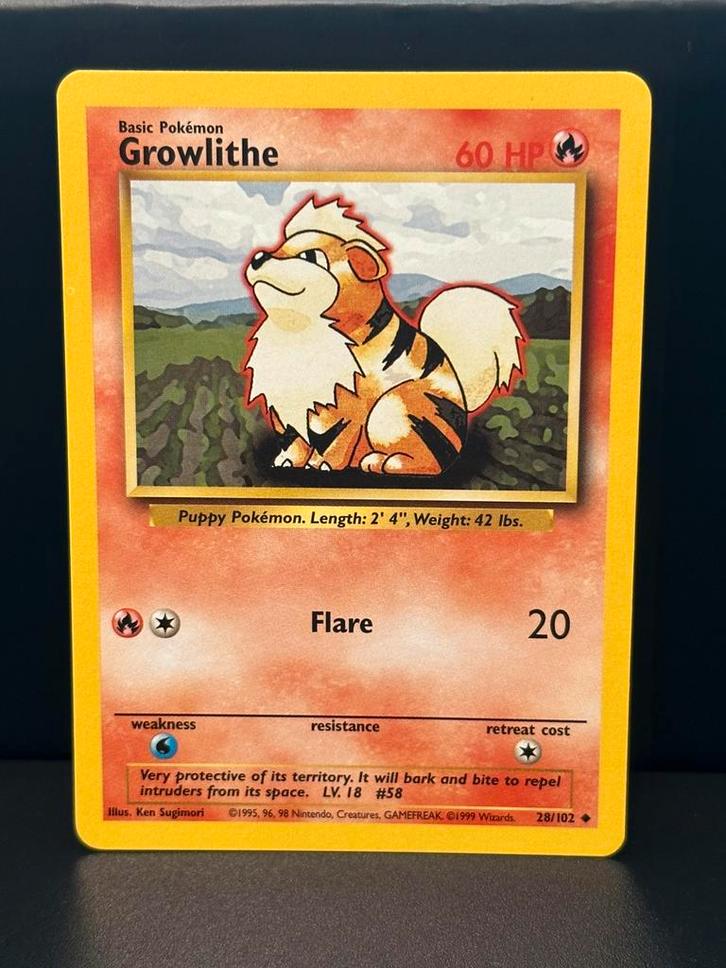 Growlithe #28, Base 1999, Near Mint, Engels, Hobby en Vrije tijd, Verzamelkaartspellen | Pokémon, Zo goed als nieuw, Losse kaart