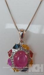 Zilveren ketting + hanger met Robijn en Saffier, Overige voorstellingen, Verzenden, Nieuw, Met edelsteen