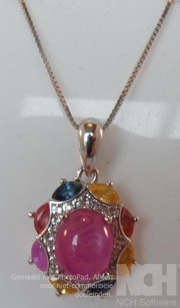 Zilveren ketting + hanger met Robijn en Saffier, Sieraden, Tassen en Uiterlijk, Kettinghangers, Nieuw, Zilver, Rood, Overige voorstellingen