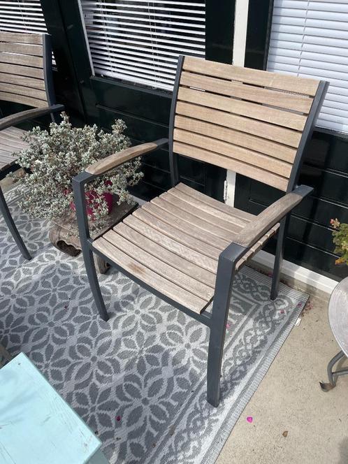 4 tuinstoelen houten latten met metalen frame, stapelbaar, Tuin en Terras, Tuinstoelen, Gebruikt, Hout, Stapelbaar, Ophalen