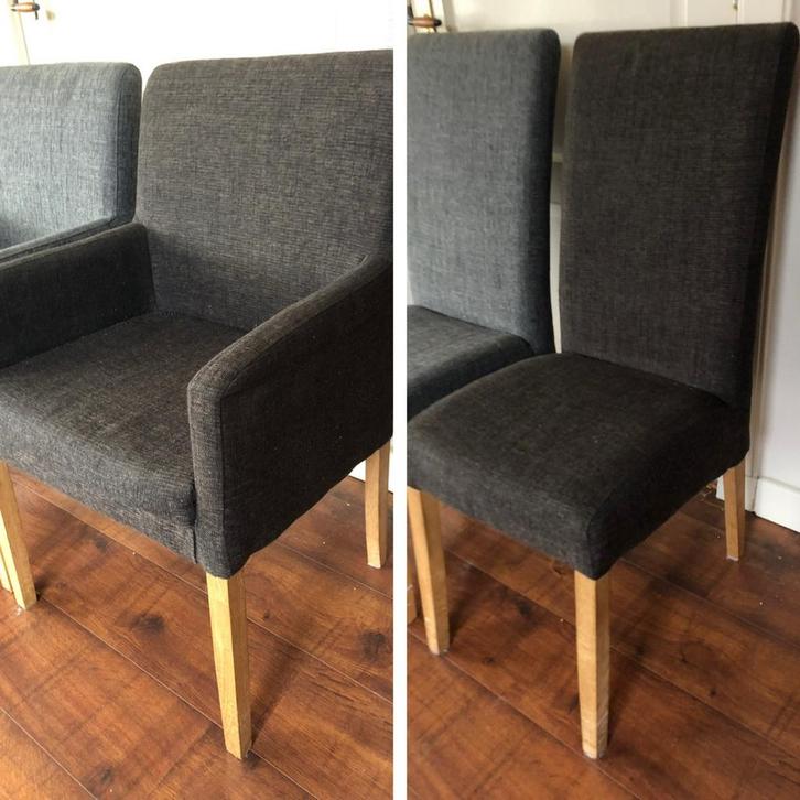 Set van 4 of 2 grijze eetkamerstoelen -met en zonder leuning, Huis en Inrichting, Stoelen, Gebruikt, Vier, Hout, Stof, Grijs, Ophalen