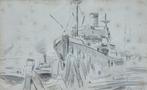Evert Moll (1878-1955) - Gezicht op scheepskade (tekening), Antiek en Kunst, Ophalen of Verzenden