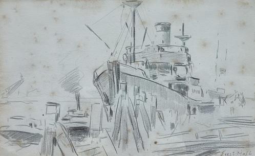 Evert Moll (1878-1955) - Gezicht op scheepskade (tekening), Antiek en Kunst, Kunst | Tekeningen en Foto's, Ophalen of Verzenden