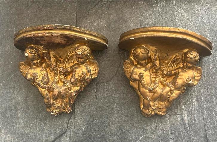 Antieke Engelen Wandconsoles - Set van 2 goudkleur gips, Antiek en Kunst, Antiek | Woonaccessoires, Ophalen of Verzenden