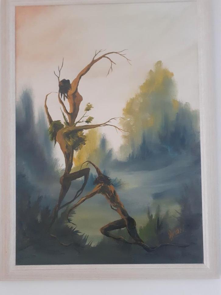 Bosgeesten Dans / levensboom., Antiek en Kunst, Kunst | Schilderijen | Klassiek, Ophalen of Verzenden