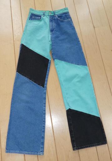 Bershka jeans maat 34 patchwork wijde pijp blauw groen zwart beschikbaar voor biedingen