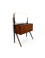 Vintage Deense teakhouten kaptafel met spiegel ‘60, Vintage retro buisframe design rotan webbing papercord deens, 100 tot 150 cm