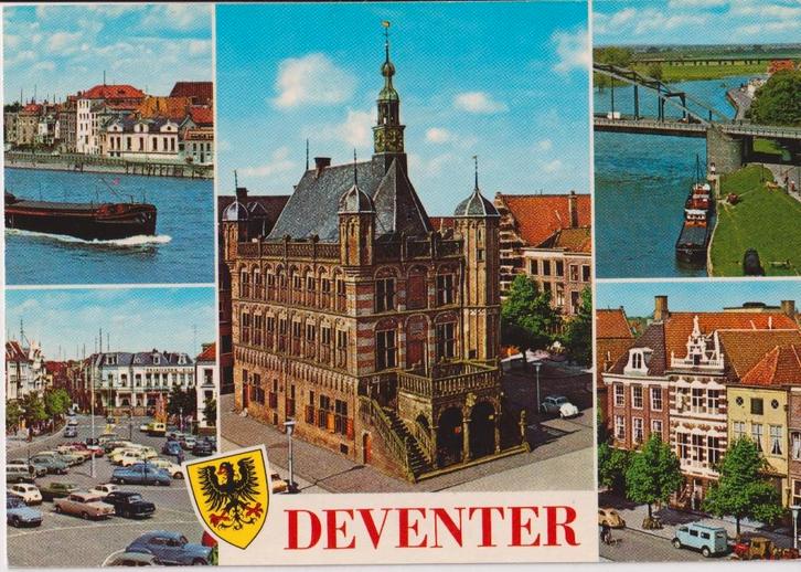 Deventer , met auto's Peugeot 203, Citroen DS, Verzamelen, Ansichtkaarten | Nederland, Ongelopen, Overijssel, 1960 tot 1980, Ophalen of Verzenden