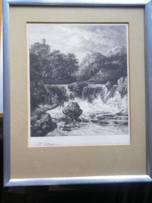 Willem G.UNGER, Mooie zw-wit ets van een Waterval, Antiek en Kunst, Kunst | Etsen en Gravures, Ophalen