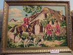 Geborduurd engels tafereel met paarden en jacht (74 x 55 cm), Antiek en Kunst, Kunst | Schilderijen | Klassiek, Ophalen of Verzenden