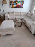 Beige ribstof hoekbank met hocker., Huis en Inrichting, Banken | Complete zithoeken, Ophalen, Gebruikt