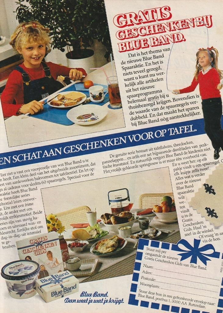 Retro reclame 1982 Blue Band geschenken servies bord, Verzamelen, Verzenden, Overige typen