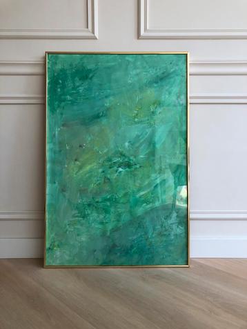 Abstract Groen Schilderij met Lijst 63x94cm - Uniek Kunstwer beschikbaar voor biedingen