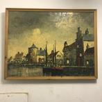 Schilderij 'Havengezicht, huisjes en boten'....waar ?, Antiek en Kunst, Kunst | Schilderijen | Klassiek, Ophalen