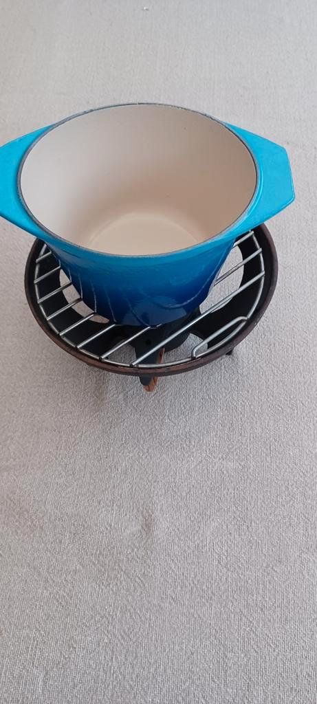Blauwe gietijzeren fondueset le Creuset incl. vorken, Huis en Inrichting, Keuken | Keukenbenodigdheden, Gebruikt, Ophalen of Verzenden