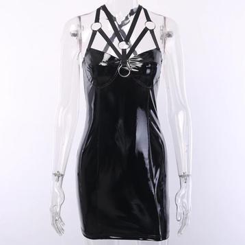 Zwarte wetlook jurk met banden gothic kort lak leer 34 36 38 beschikbaar voor biedingen