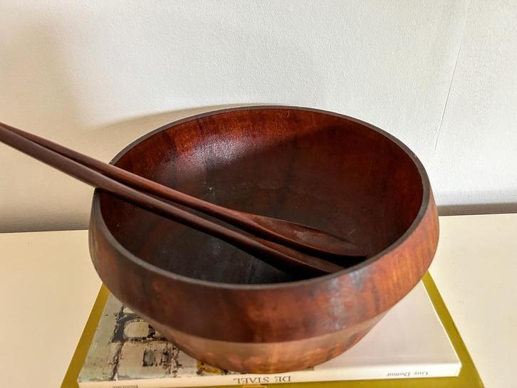 vintage Teakhouten saladeschaal + slacouvert, Huis en Inrichting, Keuken | Servies, Zo goed als nieuw, Ophalen of Verzenden