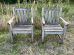 2 oerdegelijke hardhouten tuinstoelen + armleuning ex kussen, Ophalen, Gebruikt, Hout, Verstelbaar