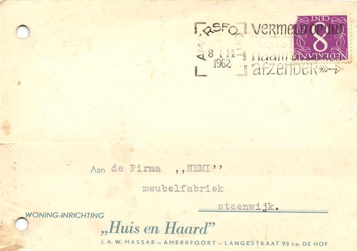 Woning-Inrichting Huis en Haard, Amersfoort - 01.1962 - brie, Postzegels en Munten, Brieven en Enveloppen | Nederland, Briefkaart