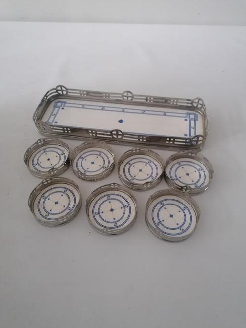 mooie serveer set met metalen bewerkte rand blad met onderz., Antiek en Kunst, Antiek | Woonaccessoires, Verzenden