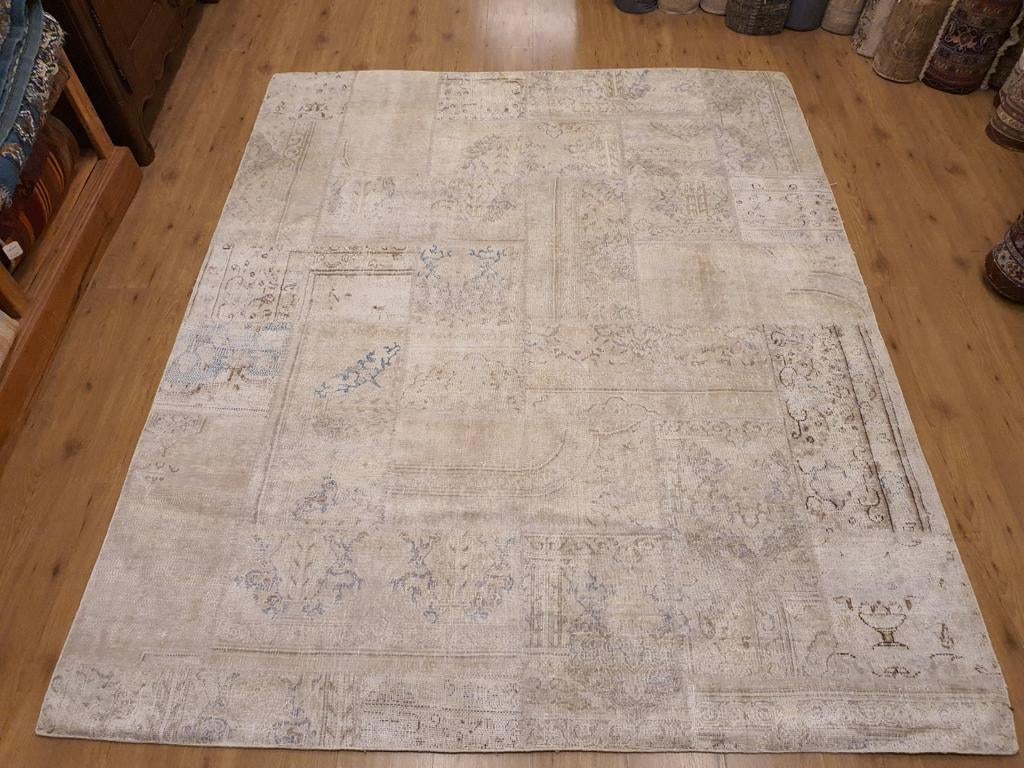 Vintage handgeknoopt oosters tapijt patchwork 250x202, Info@SlatsAntiek.nl, Tweedehands, 200 cm of meer, Crème