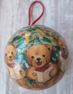 Vintage papier mache kerstbal met beren 8 cm, Diversen, Kerst, Ophalen of Verzenden, Zo goed als nieuw