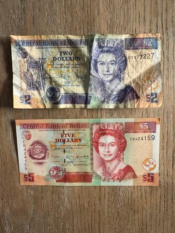 Belize Bankbiljetten: 2 & 5 Dollar (waarvan 5 UNC) beschikbaar voor biedingen