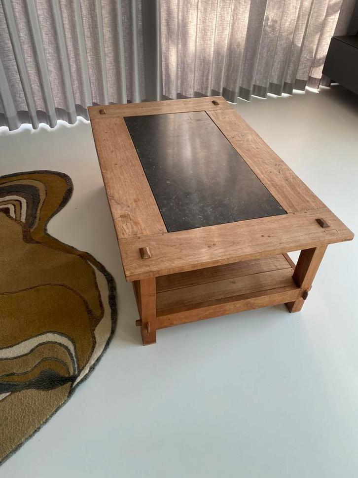 Teakhouten salontafel met blad van Belgisch hardsteen, Huis en Inrichting, Tafels | Salontafels, Gebruikt, Minder dan 50 cm, 50 tot 100 cm