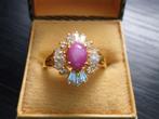 Mooie Goud Doublé Ring met Robijn en Kristal, Sieraden, Tassen en Uiterlijk, Antieke sieraden, Verzenden, Zilver, Ring, Verguld