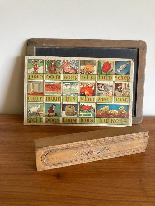 Antiek leitje en griffeldoos en leerkaart - begin 1900, Antiek en Kunst, Curiosa en Brocante, Ophalen of Verzenden