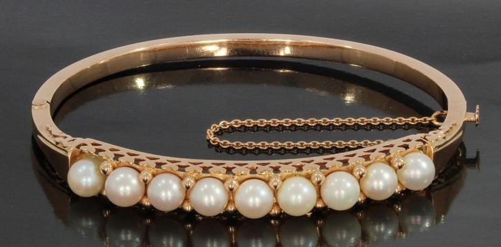 Fraaie 14k gouden luxe slaven armband parels dame vintage, Sieraden, Tassen en Uiterlijk, Armbanden, Zo goed als nieuw, Goud, Goud