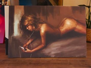 Schilderij: Vrouw met ipod beschikbaar voor biedingen