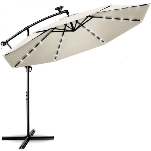 Parasol LED Solar Ø 3m, Beige vrijdragende parasol balkon, Tuin en Terras, Parasols, Nieuw, Zweefparasol, Kantelbaar, Verstelbaar