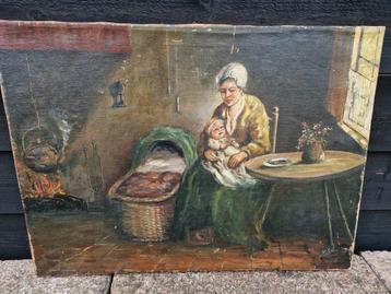 Oud schilderij boerin met kind beschikbaar voor biedingen