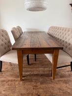 Tafel van treinbielzen incl. bank 3 stoelen beige (6-pers), Huis en Inrichting, Ophalen, Zo goed als nieuw, 4 tot 6 stoelen