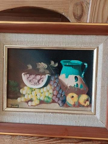 Franse brocante schilderij olieverf stilleven fruit  beschikbaar voor biedingen