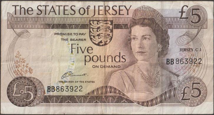 Jersey 5 pounds ND(1976-1988) gebruikt p.12a (nr 16), Postzegels en Munten, Bankbiljetten | Europa | Niet-Eurobiljetten, Los biljet