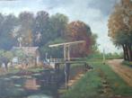 J. H. van Oeveren - Landschap met ophaalbrug - olieverf doek, Antiek en Kunst, Ophalen of Verzenden