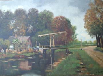 J. H. van Oeveren - Landschap met ophaalbrug - olieverf doek beschikbaar voor biedingen