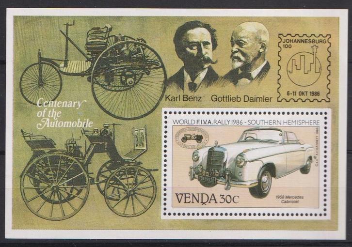 Venda (Z-Afrika) 1986 Blok WK Rally Antieke auto Mercedes, Postzegels en Munten, Postzegels | Thematische zegels, Postfris, Auto's
