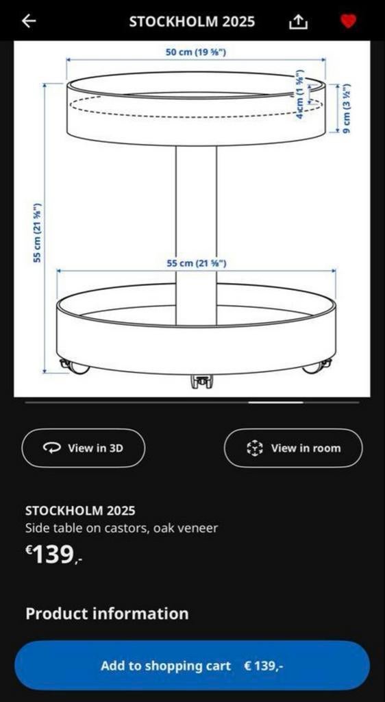 Nieuwe STOCKHOLM Bijzettafel in originele verpakking, 45 tot 60 cm, Minder dan 55 cm, Rond, Nieuw
