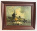 Schilderij olie op canvas Nederlands tafereel met molens, Antiek en Kunst, Ophalen of Verzenden
