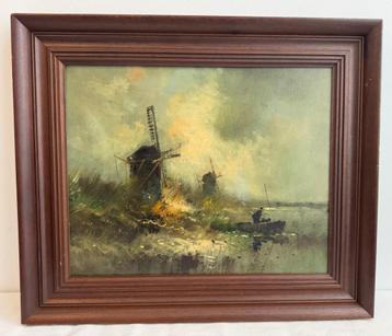 Schilderij olie op canvas Nederlands tafereel met molens beschikbaar voor biedingen